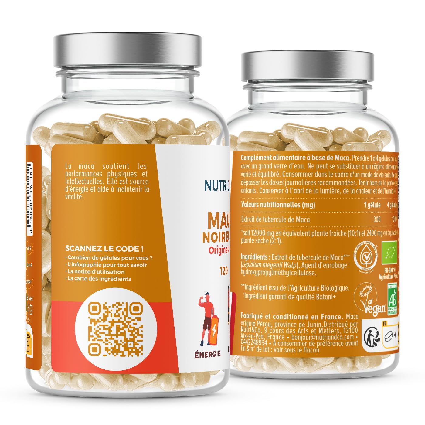 NUTRI & CO Maca Noire BIO du Pérou Hautement Dosé 10:1 – Extrait naturel 100 % Pur Labellisé Botani+ – Force, Énergie, Équilibre Hormonal – 120 Gélules Vegan – Fabriqué en France