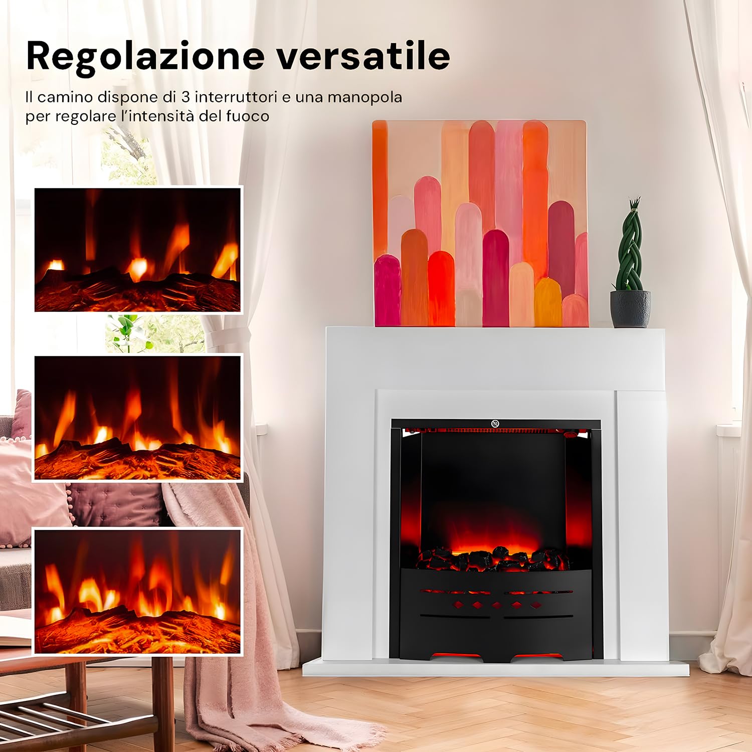 Camino Elettrico Denver 1500W - Caminetto Elettrico con Mobile in Legno Bianco, Effetto Fiamma Regolabile con 2 potenze - Termocamino Decorativo, Caminetto Finto da Terra 77x72,5 cm