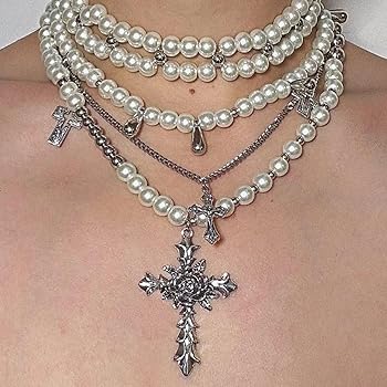 【BLACKPURPLE】Marilyn Crystal Layering Pearl Necklace Multi Layer Black Pearl Necklace With Cross, Goth Wedding