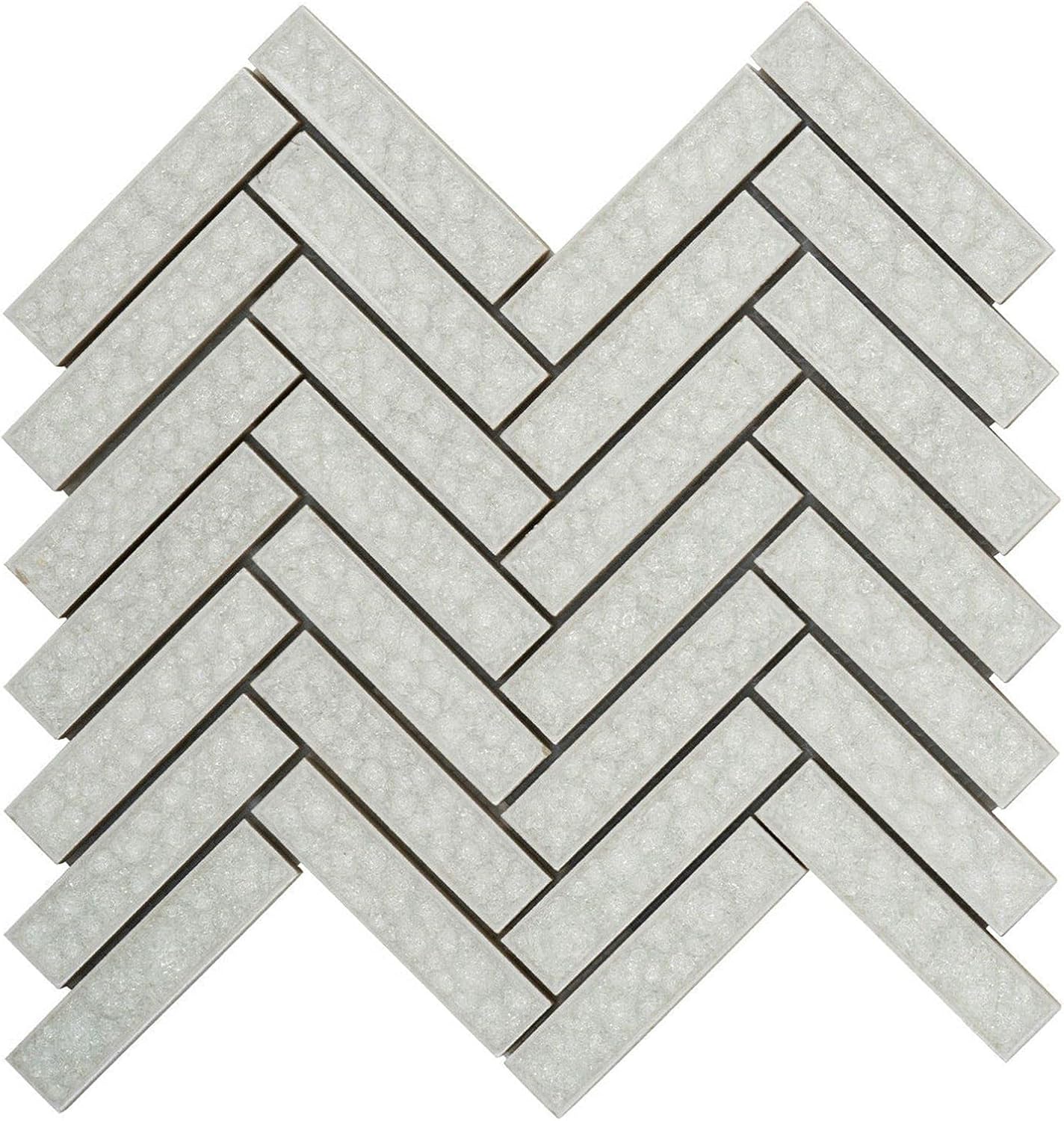 Modket Herringbone Frosty White Crackle Glass Tile Mesh Mounted Backsplash TDH186MO (10 Sheets)