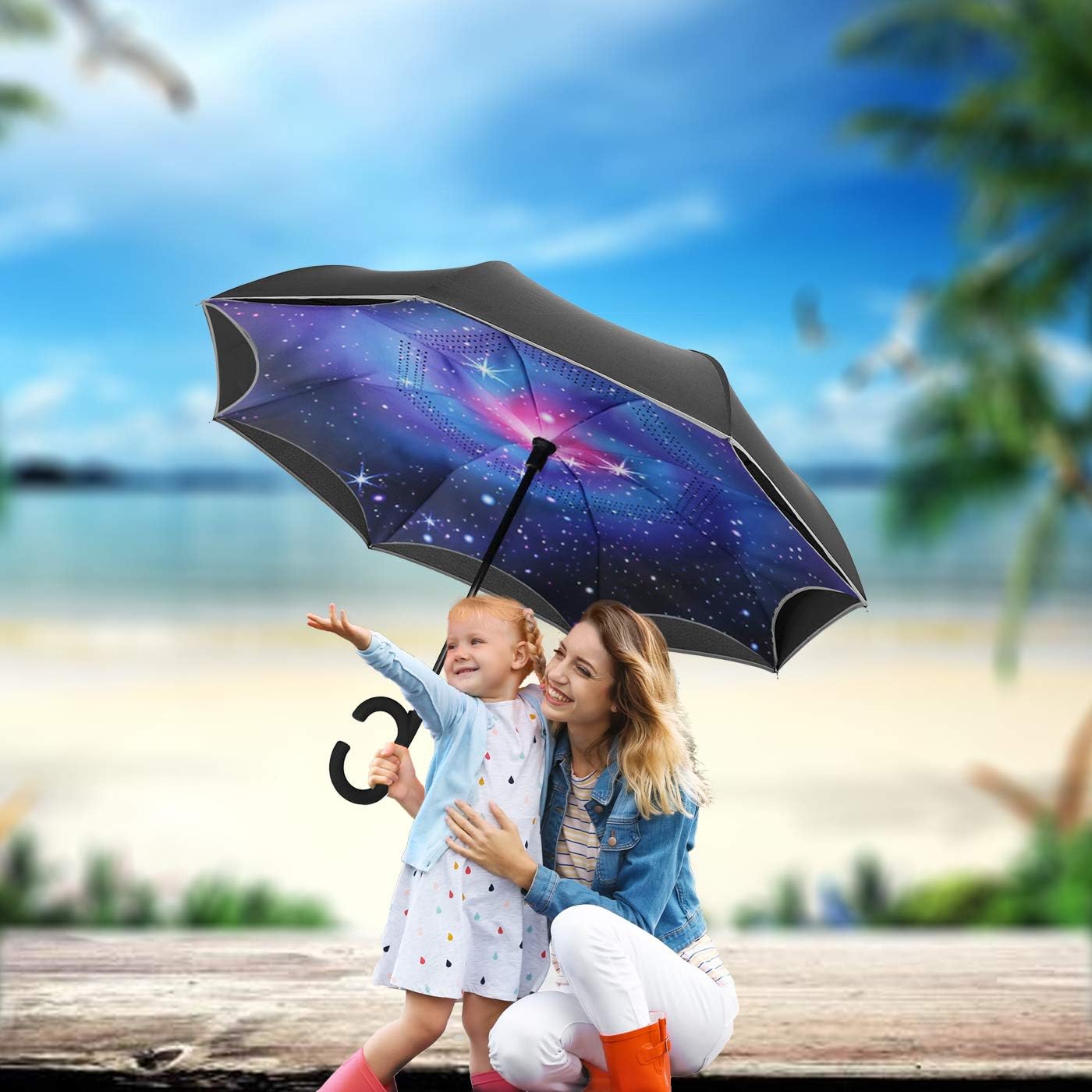 SIEPASA Auto-open Reverse Umbrella, Umbrella Windproof, Inverted Umbrella, Umbrellas for Women with UV Protection, Upside Down Umbrella with Safe Reflective Stripe(the Galaxy)