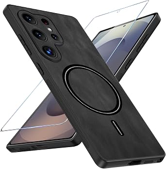 Migexxkj Magnetic for Samsung Galaxy S25 Ultra Case with Screen Protector, PU Leather Phone Case S25 Ultra with Camera Protection [Compatible with Mag-Safe] [Military Grade Protection] [Slim] Black