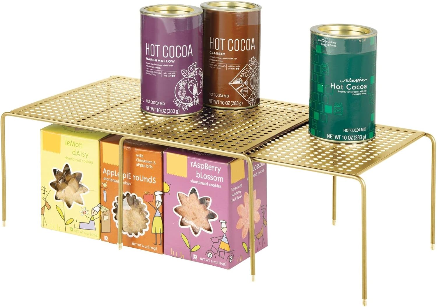 mDesign Adjustable Raised Metal 2-Piece Kitchen Stacking Organizer Shelves, Expanding Storage Rack for Cupboard, Pantry Shelf, Non-Skid Feet, Hold Dishes, Bowls, Mugs, Concerto Collection, Soft Brass