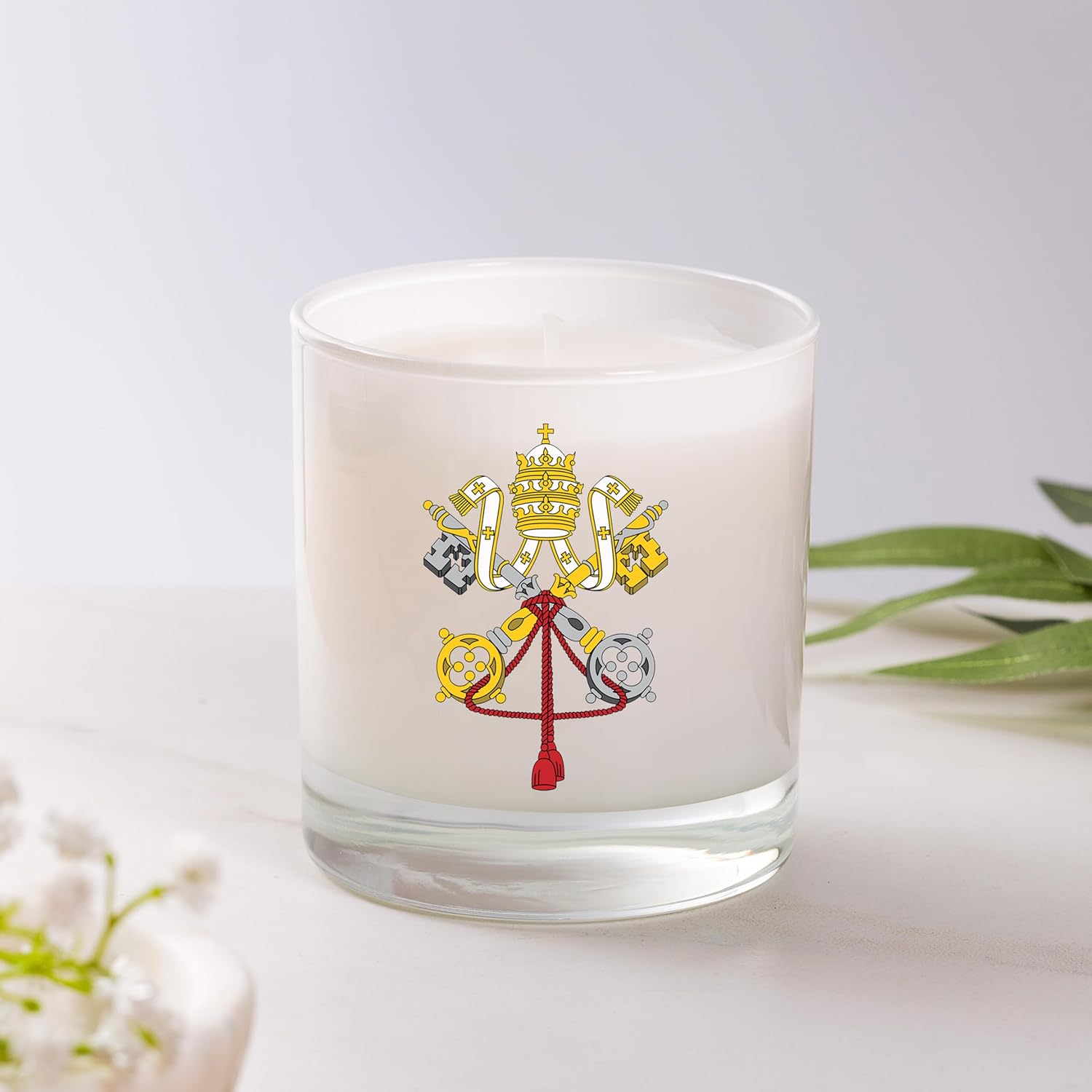 Vatican Prayer Candle – 11 oz White Glass Jar with Vatican Coat of Arms & USCCB Prayer – Cotton Clean Scent – 90-Hour Burn – Exclusive Catholic Company Design