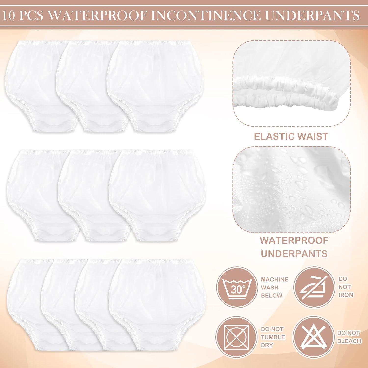 Weewooday 10 Pcs Waterproof Incontinence Underpants Plastic Pants Incontinence Leak Protection Adult Washable Diaper Cover (White,Small)
