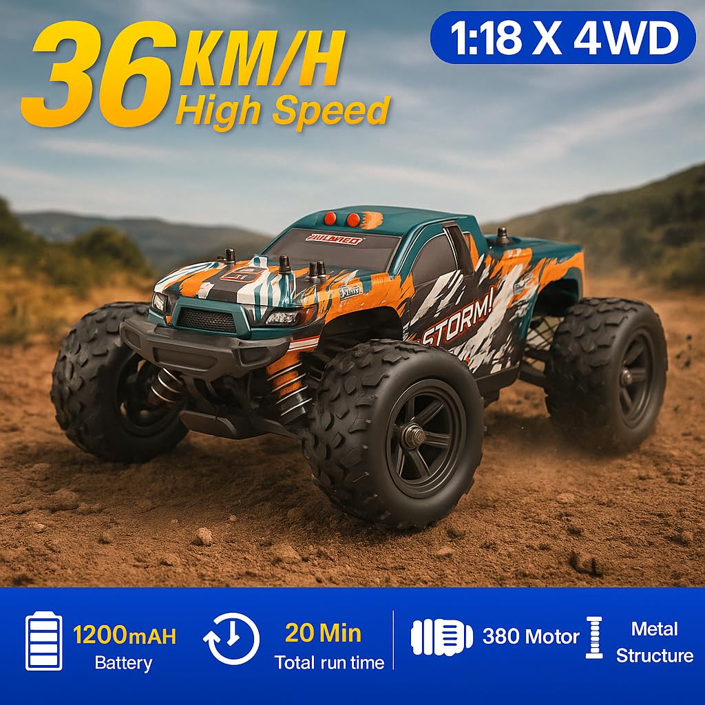 Coche teledirigido RC 4WD Escala 1:18, Monster Truck Off-Road 36 km/h con Control Remoto 2.4GHz, vehículo Todoterreno para Interior y Exterior, Regalo para niños +14 años