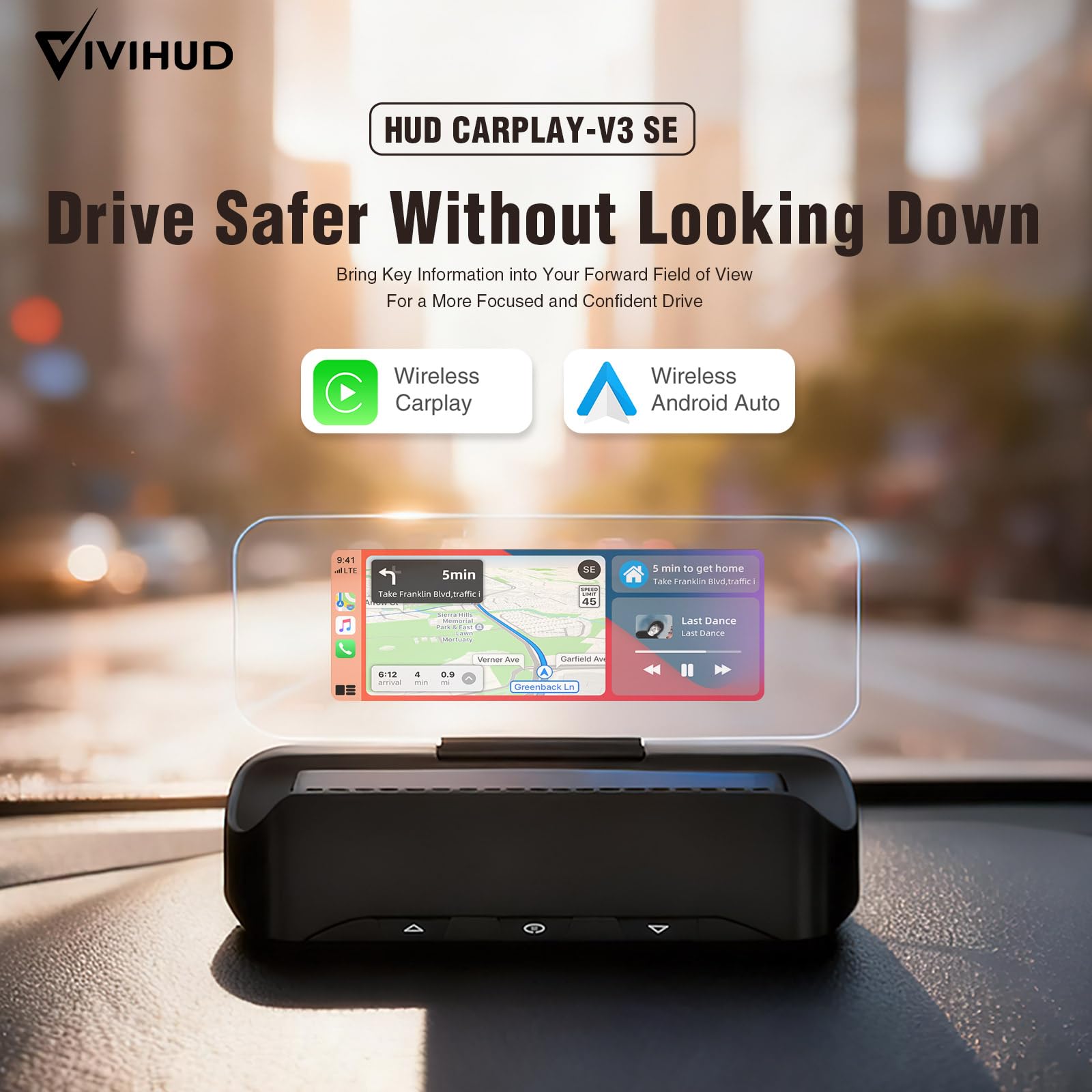 VIVIHUD V3-SE Wireless CarPlay Android Auto Car HUD Head-Up Display Cluster Bildschirm HD Bildreflektor Bluetooth OBD2 GPS Tachometer Plug-and-Play Intelligente Automatische Helligkeit