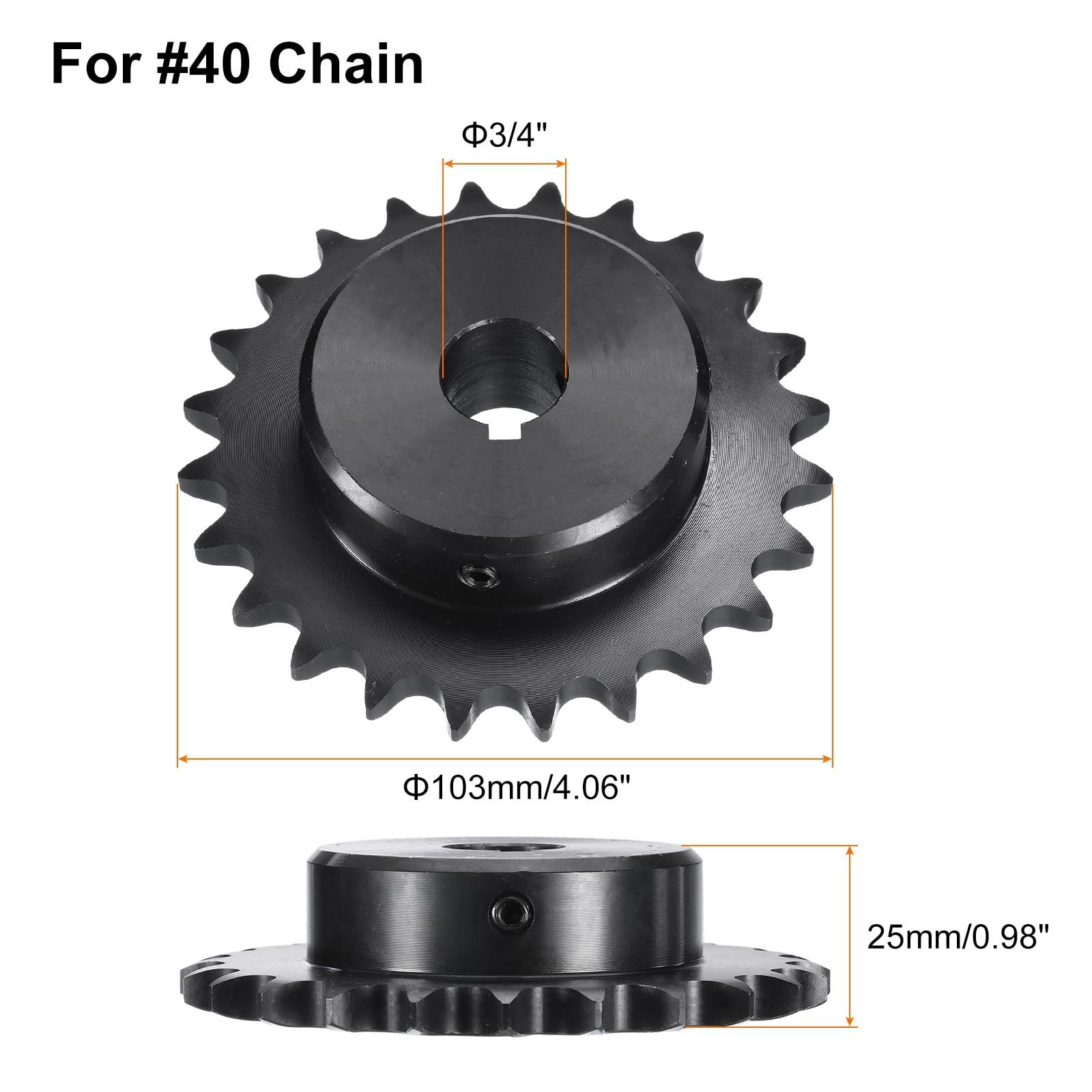 uxcell Pignone a rullo per catena #40, tipo B, foro da 3/4", 24 denti, pignone a catena a filo singolo, acciaio al carbonio, scanalatura con viti di fissaggio