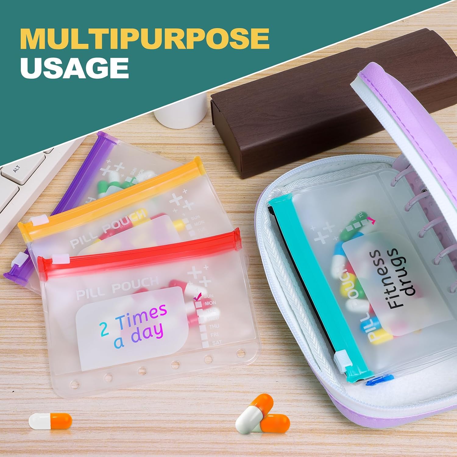 Timueetech A7 Waterproof Pill Organizer with 7 PCS L Size Zippered Pill Pouches for A7 Binder, Large BPA-Free Weekly Medicine Organizer, Color-Coded Reusable Travel Pill Storage System image 3