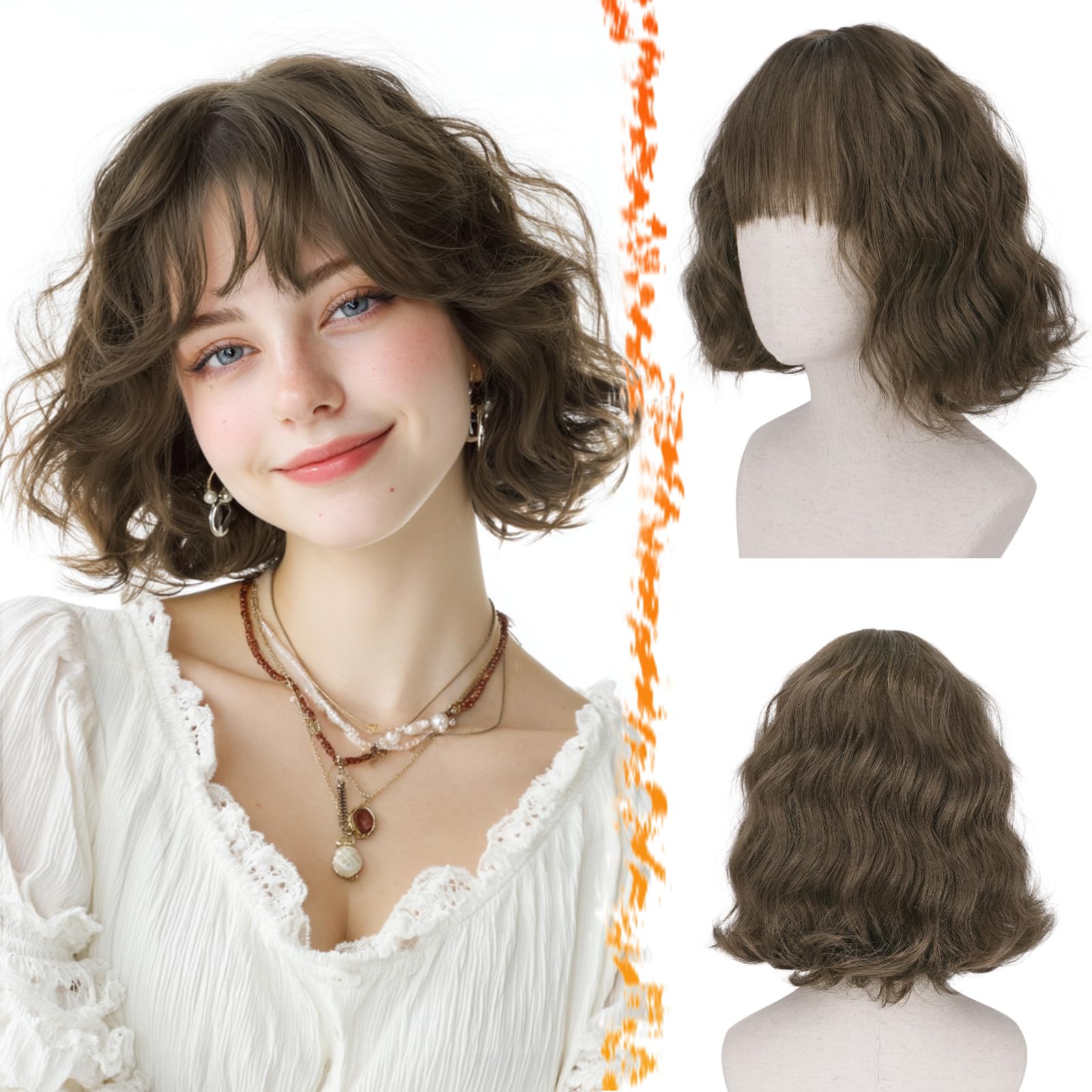 BARSDAR Short Wavy Light Brown French Bob Wig with Bangs, 12-inch, Synthetic, Women