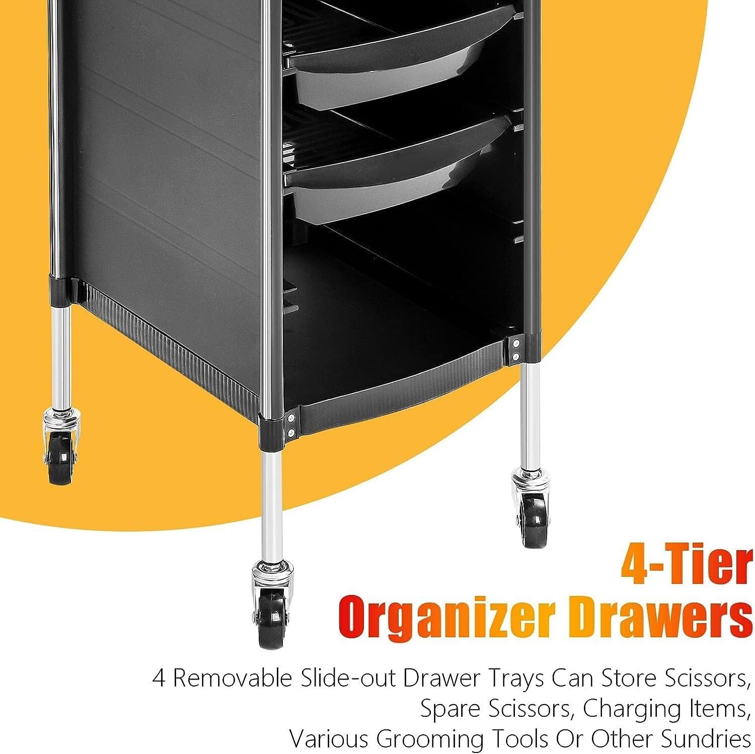 Carrello Beauty Carrello Parrucchiere con 4 Cassetti Portaoggetti Beauty Vassoio Laterale su Ruote Parrucchiere Hair Stylist(Black)