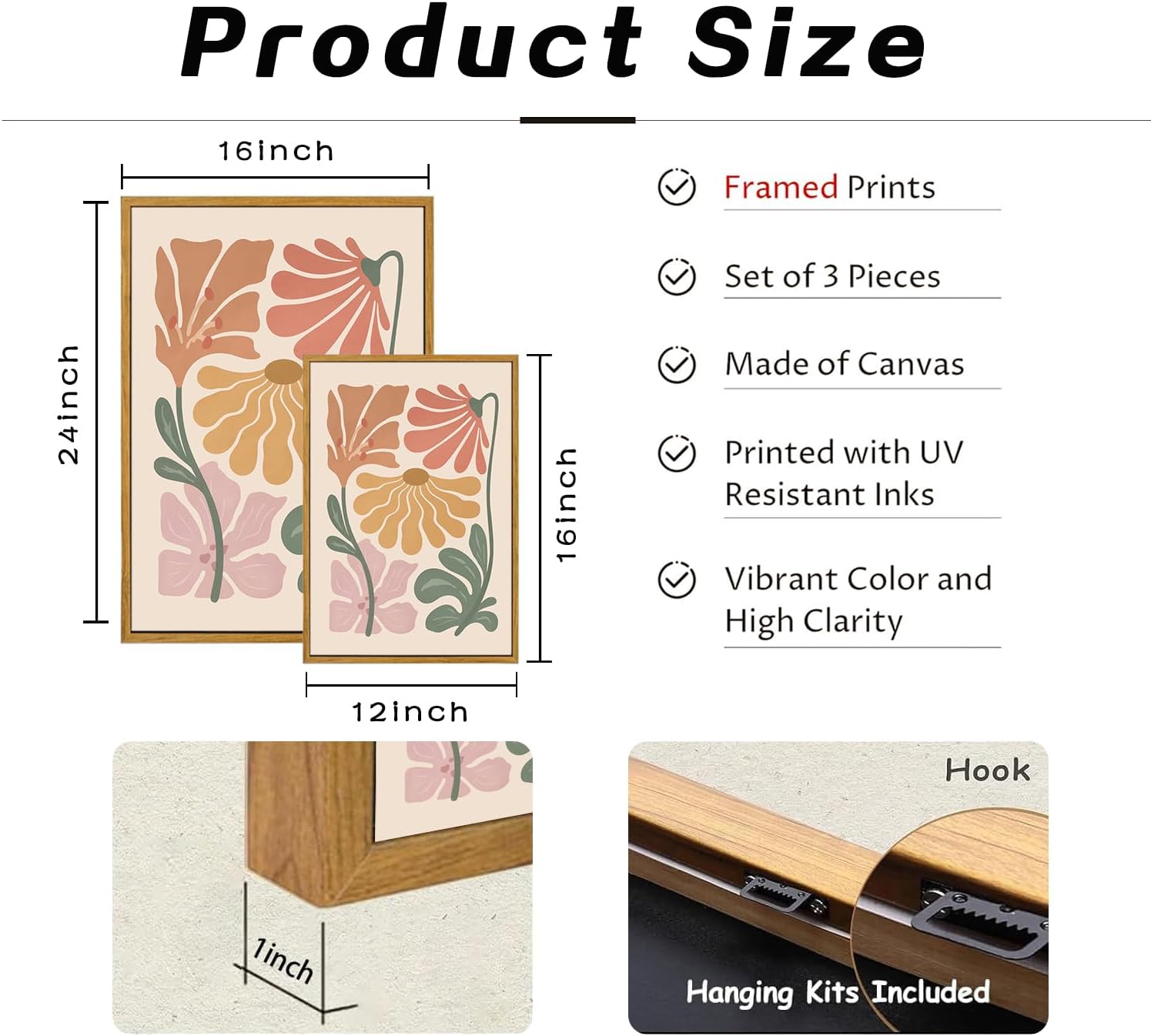 TBKHUDBI Framed Boho Flower Wall Art Abstract Floral Canvas Pictures Prints Set of 3 Minimalist Botanical Painting Poster Flower Market Aesthetic Wall Decor for Living room Bedroom 16"x24"