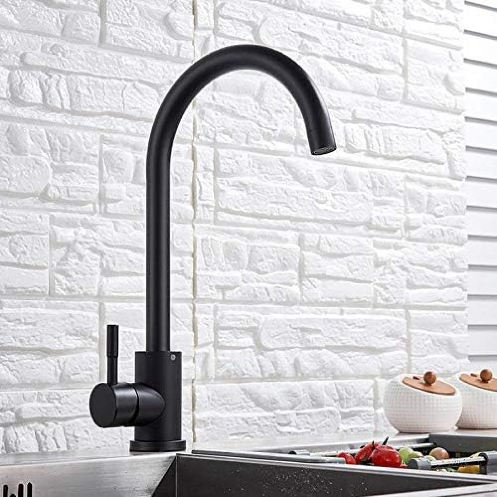Robinet de cuisine pivotant 360° noir à montage sur pont pour eau chaude et froide