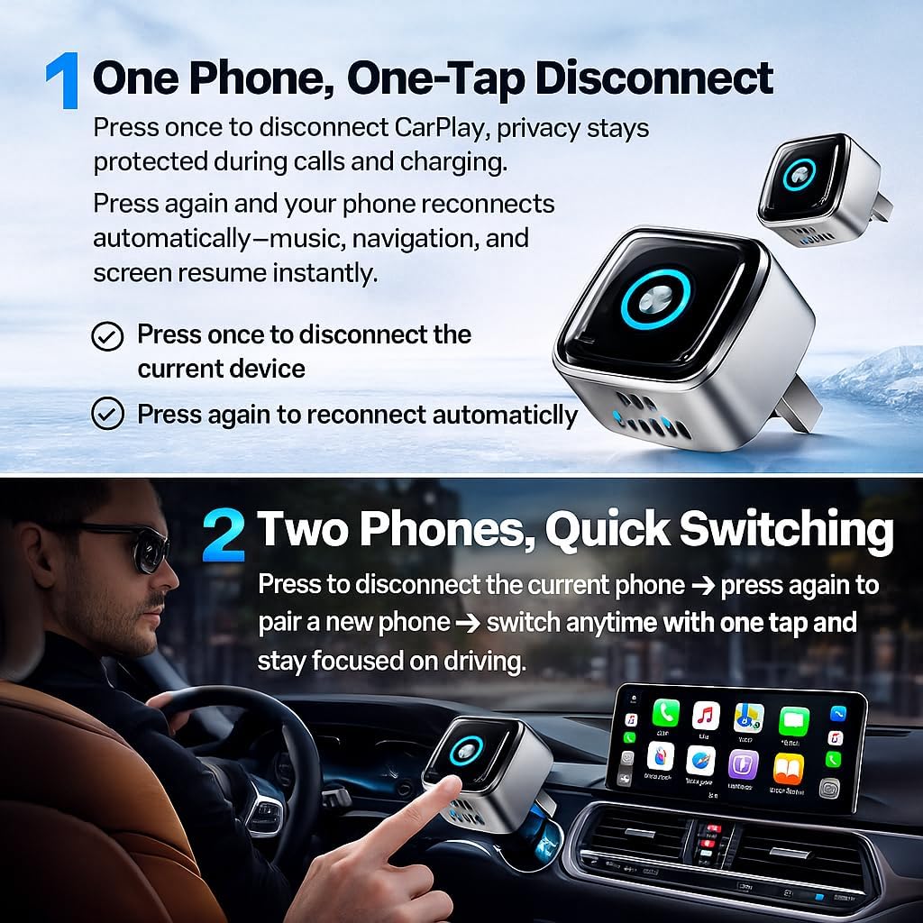 Wireless CarPlay Adapter & Wireless Android Auto Adapter, 2-in-1 Mini Dongle with Phone Switch, 5.8GHz Auto Reconnect, Plug & Play for Factory Wired Cars 2016+ - Black