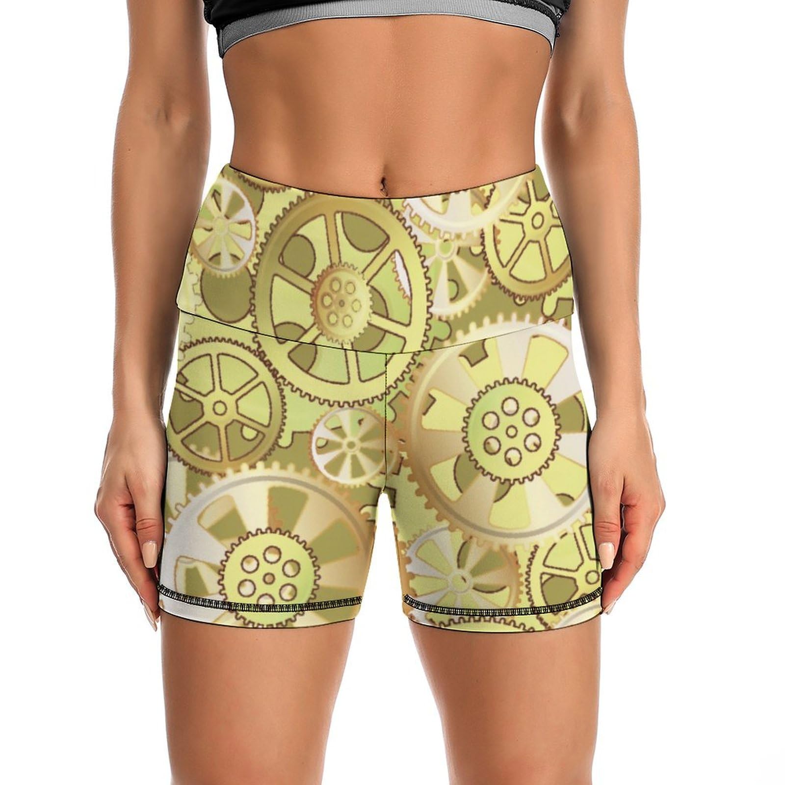 Cool Steampunk Gears Pattern High Waist Yoga Shorts for Women Athletic Shorts Leggings Running Pants Black