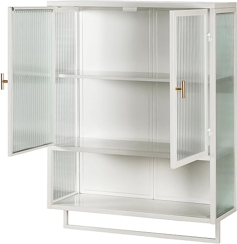 Miniatura 4 de Armario de pared de doble puerta de vidrio estilo retro con estantes desmontables para oficina, comedor, sala de estar, cocina y baño, color blanco