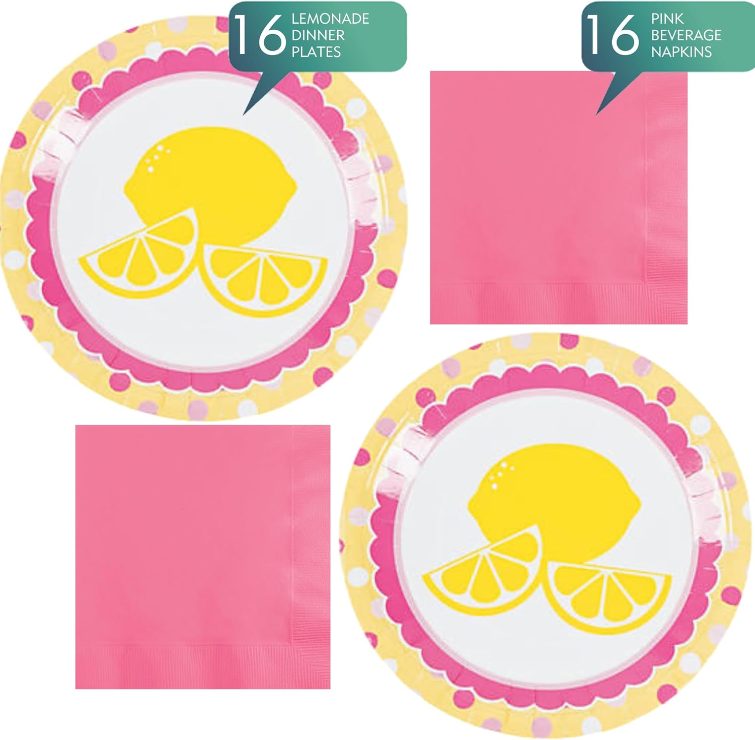 Lemon Party Supplies - Pink Lemonade Lemon Slice Paper Dinner Plates and Beverage Napkins (Serves 16)