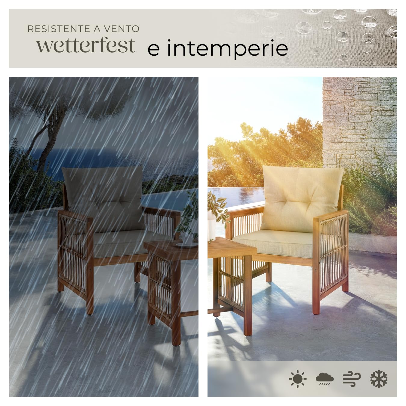 tectake® Set salottino da esterno, 2 poltrona relax e tavolino da balcone in legno acacia, intreccio corda polyrattan, cuscini sfoderabili, arredo giardino moderno, salotto balcone Sedie da Giardino