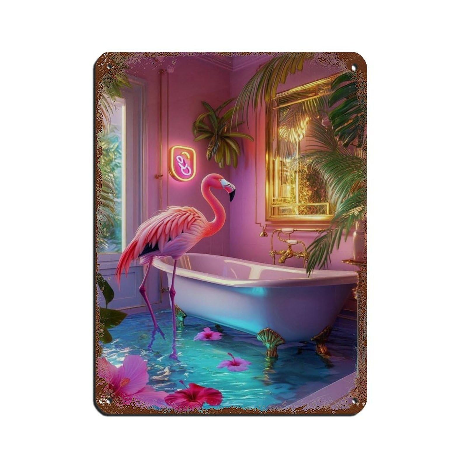 Flamingo in Tropical Bathroom Retro Poster Metal Tin Sign Chic Art Retro Iron Painting Bar People Cave Cafe Family Garage Poster Wall Decoration 12x16inch(30x40cm)