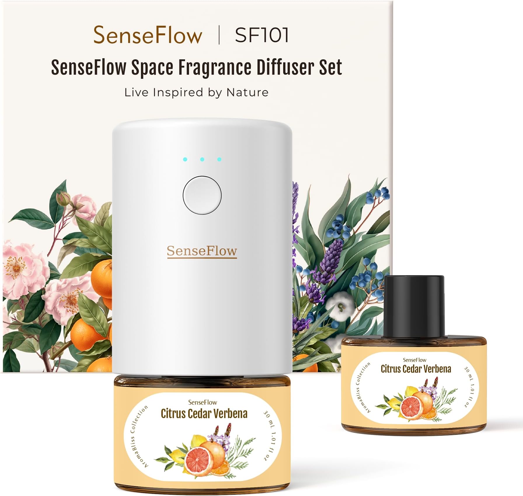 SF101 Waterless Ultrasonic Essential Oil Diffuser–100% Plant-Based,120-Day Natural Air Freshener & Aromatherapy Diffuser for Home,Hotel,Studio–Covers up to 100㎡-Citrus Cedar Verbena