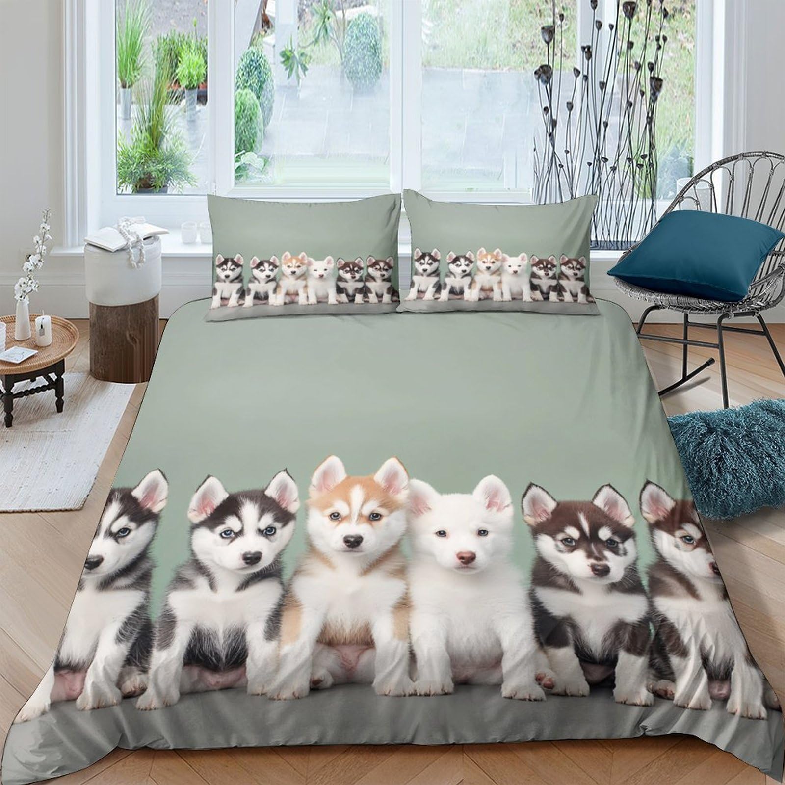 Ctjqhvkz Style-9 3D Printed Husky Puppy Fitted Sheet Microfiber Soft Green Dog Pattern Bed Cover Bedroom Decor Mattress Protection Single（135X200cm）