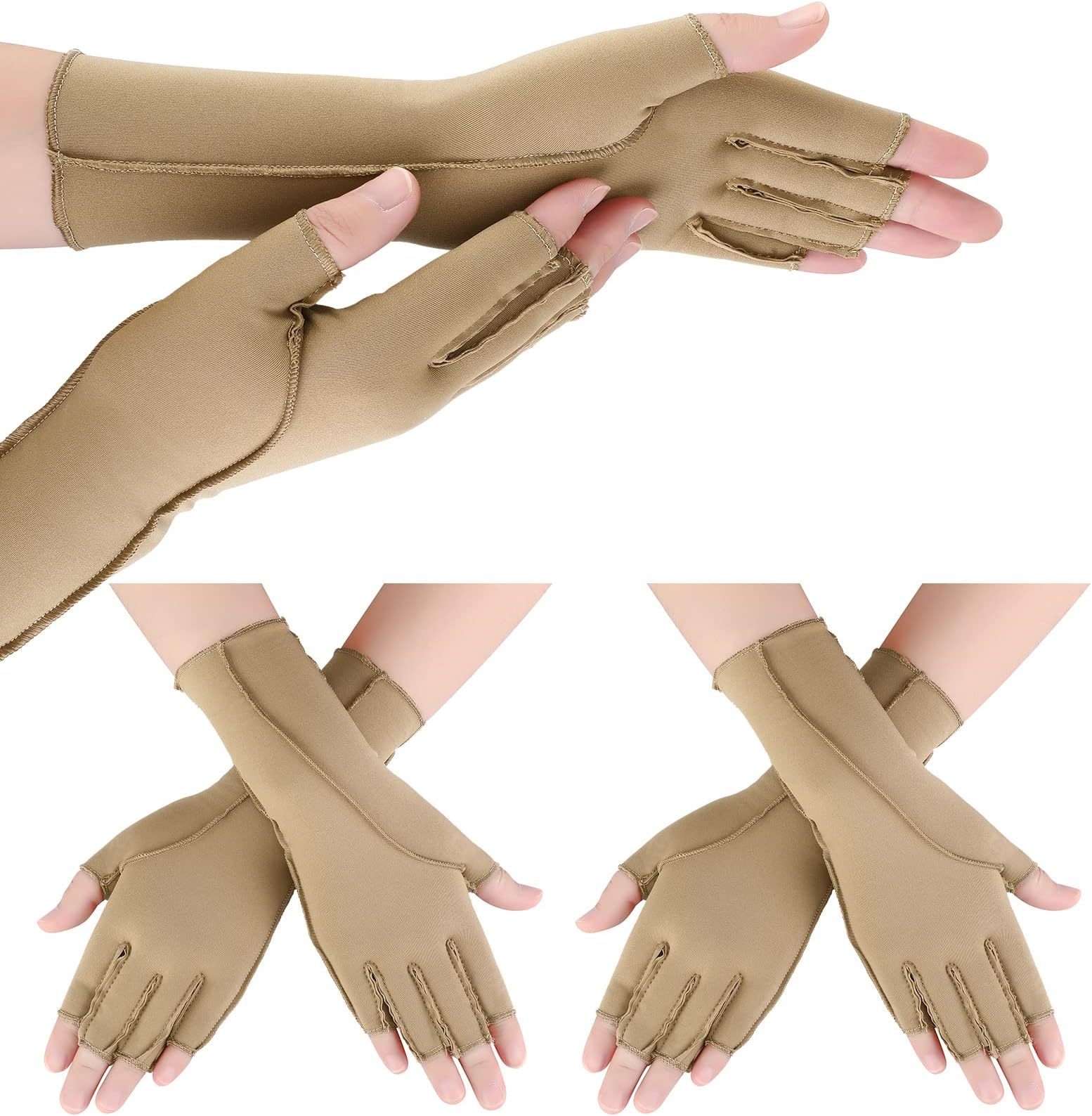 Janmercy 3 Pairs Arthritis Compression Gloves for Women and Men Carpal Tunnel Pain Relief, Rheumatoid, Swelling Tendonitis(Normal,Nude)