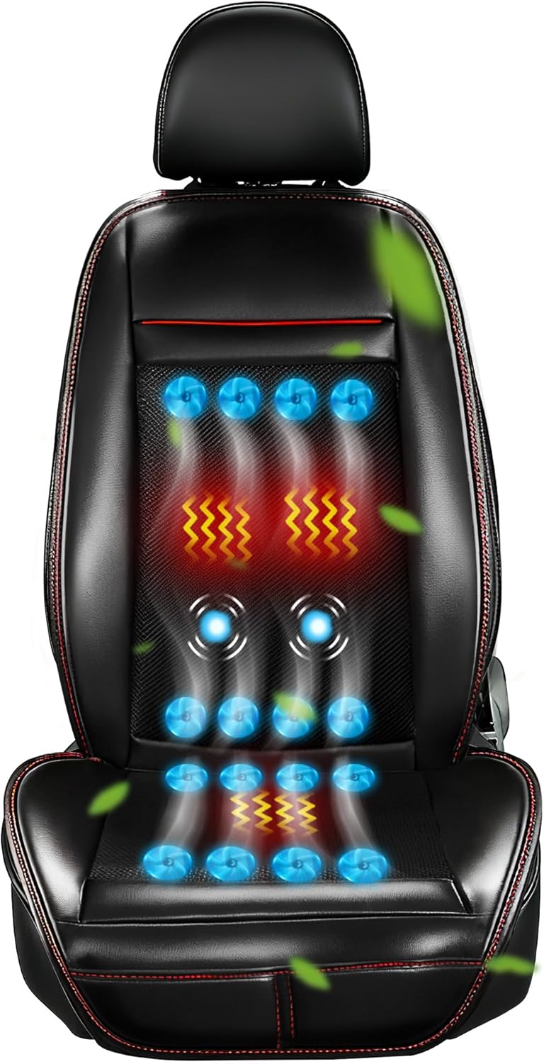 Leather Cooling Car Seat Cover, Breathable Mesh Cooling Car Seat Cushion with Massage & 16 Fans, 3-in-1 All-Season Ventilated Seat Cover for Car SUV Truck Universal Fit (Black-1)