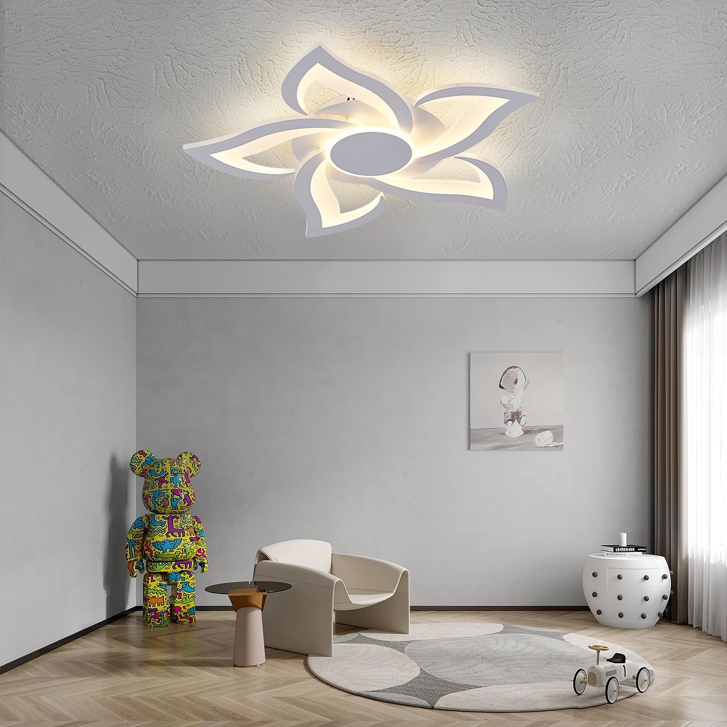 LED Ceiling Light with Remote, Modern Flush Mount Ceiling Light Fixtures, White 24" Flower Close to Ceiling Light Fixtures, 3000K-6000K Dimmable Ceiling Lamp for Bedroom, Kitchen, Dining room