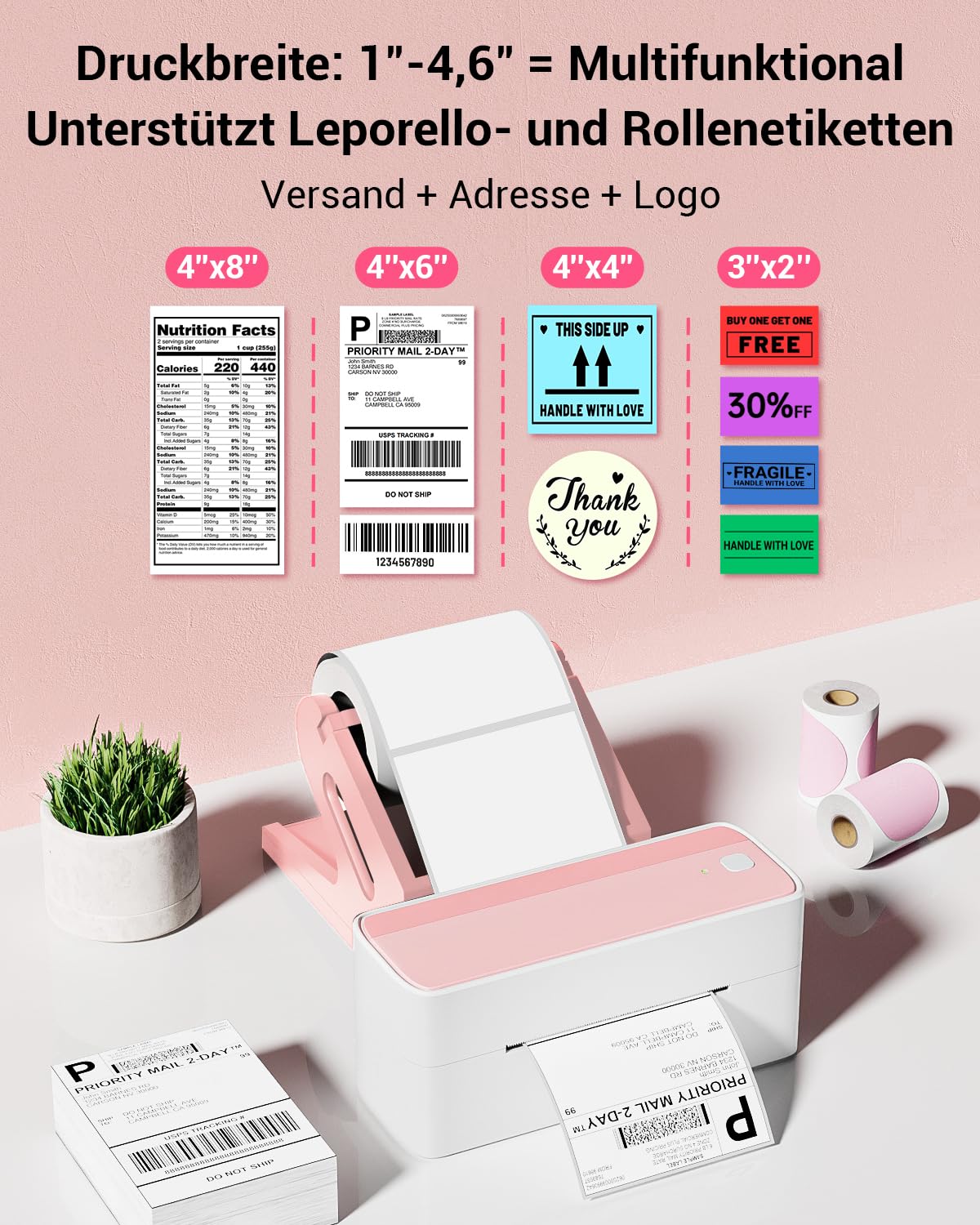 Phomemo DHL Etikettendrucker 4x6, Bluetooth Thermodrucker, Versandetiketten Drucker Label Printer, Kompatibel mit Amazon, Etsy, Shopify, DHL, UPS, FedEx, Royal Mail, USB & Bluetooth Verbindung - Rosa
