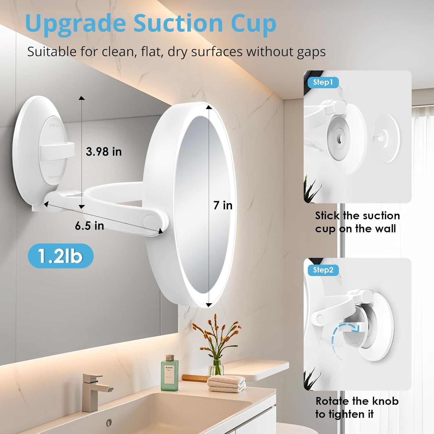 Fabuday Wall Mounted Magnifying Makeup Mirror with Lights - 1x/30x Double Sided Lighted Magnification Mirror with Suction Cup, Rechargeable Mirrors with Extended Arm, 3 Color LED Lighting, 7 Inch