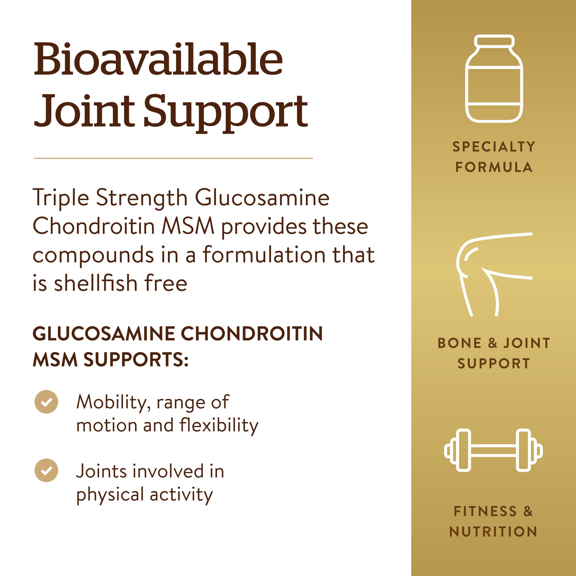 Solgar | Glucosamina Condroitina MSM Complex Extra Strength| Contribuye a la Formación de Tejido Conectivo y Colágeno | Con Condroitina y sin Mariscos | Huesos y Cartílagos | 120 Comprimidos