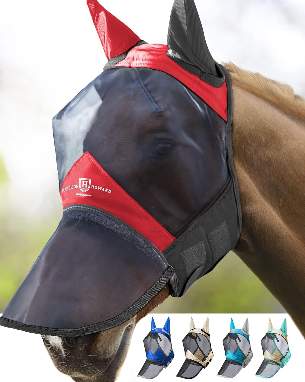 Harrison Howard Pro Luminous Horse Fly Mask Long Nose with Ears UV Protection for Horse Scarlet Red/Black Large Full Size