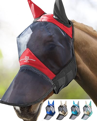 Vista 135 de Harrison Howard CareMaster Pro - Máscara luminosa para mosca de caballo, gran espacio para los ojos, nariz larga con orejas, protección UV para Azul