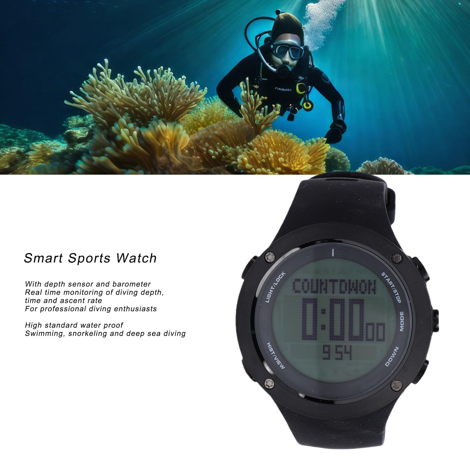 Alomejor Reloj Deportivo Inteligente con Sensor de Profundidad y Barómetro, Carcasa de Acero Inoxidable, Correa de Silicona para Buceo, Snorkel, Apnea