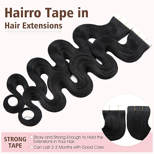 Miniatura 4 de Hairro Extensiones de cabello humano adhesivas de 22 pulgadas de largo, ondulado, #1 negro azabache #1, 1.76 onzas, pegamento de trama de piel fina,