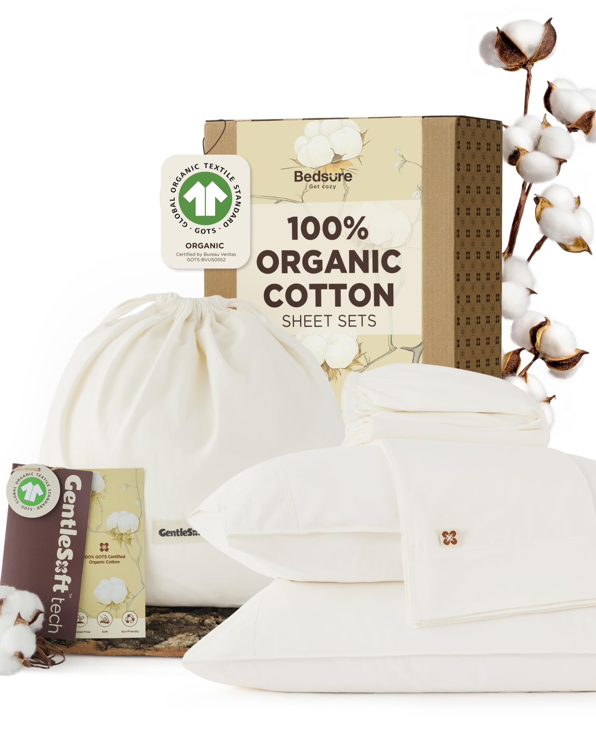 Photo 1 of Bedsure 100% GOTS Certified Organic Cotton Sheets, Queen Sheet Set, 17" Deep Pocket Bedsheets with Corner Straps, Eco-Friendly, Soft, Breathable & Luxury PureWoven Cotton Hotel Bedding, 4PCS, Ivory