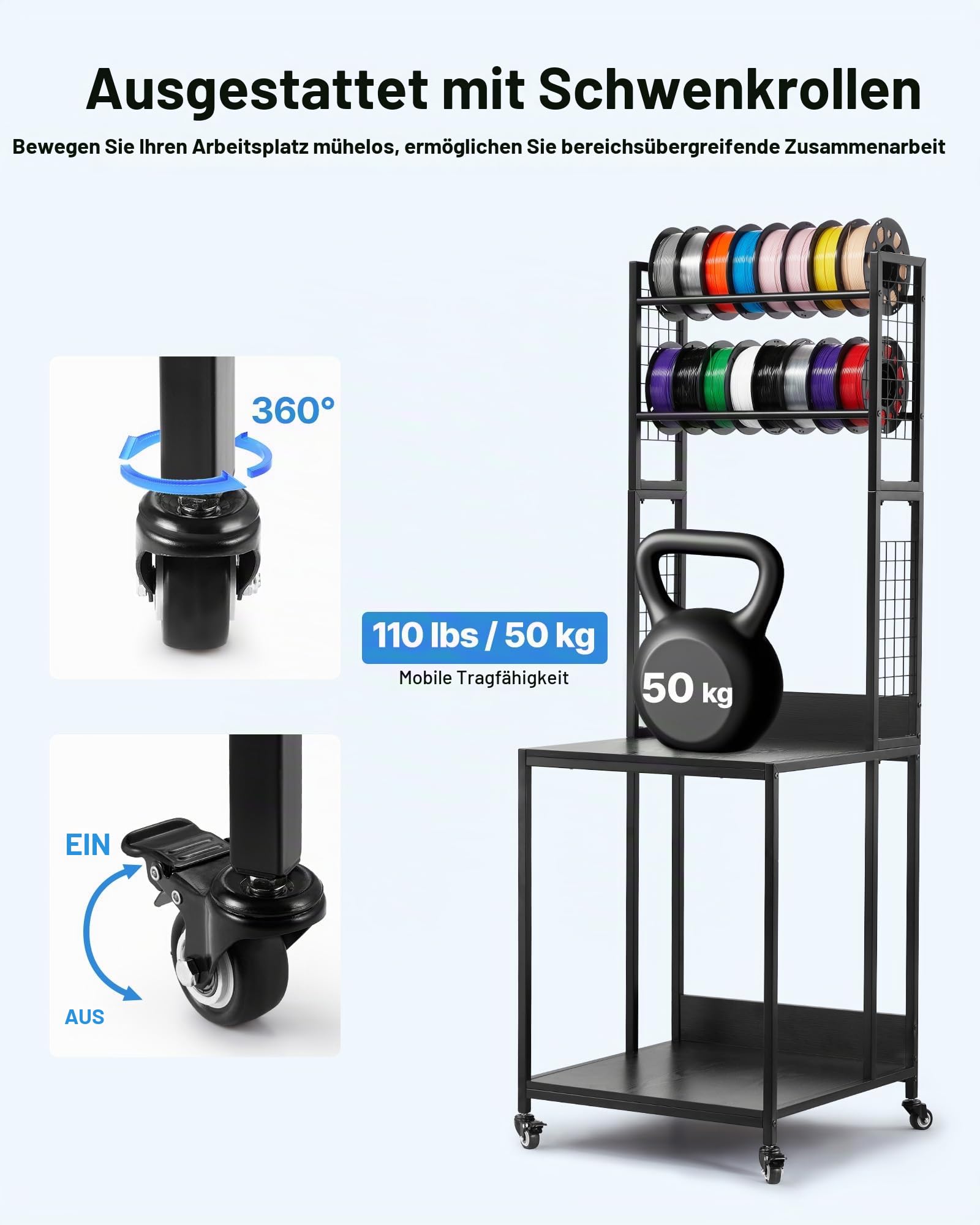VEVOR 4-stöckiges mobiles Filament-Aufbewahrungsregal, 3D-Drucker-Filament-Aufbewahrungsregal, Filamentspulenhalter auf Rädern, Organizer-Ständer für 3D-Druckstudio
