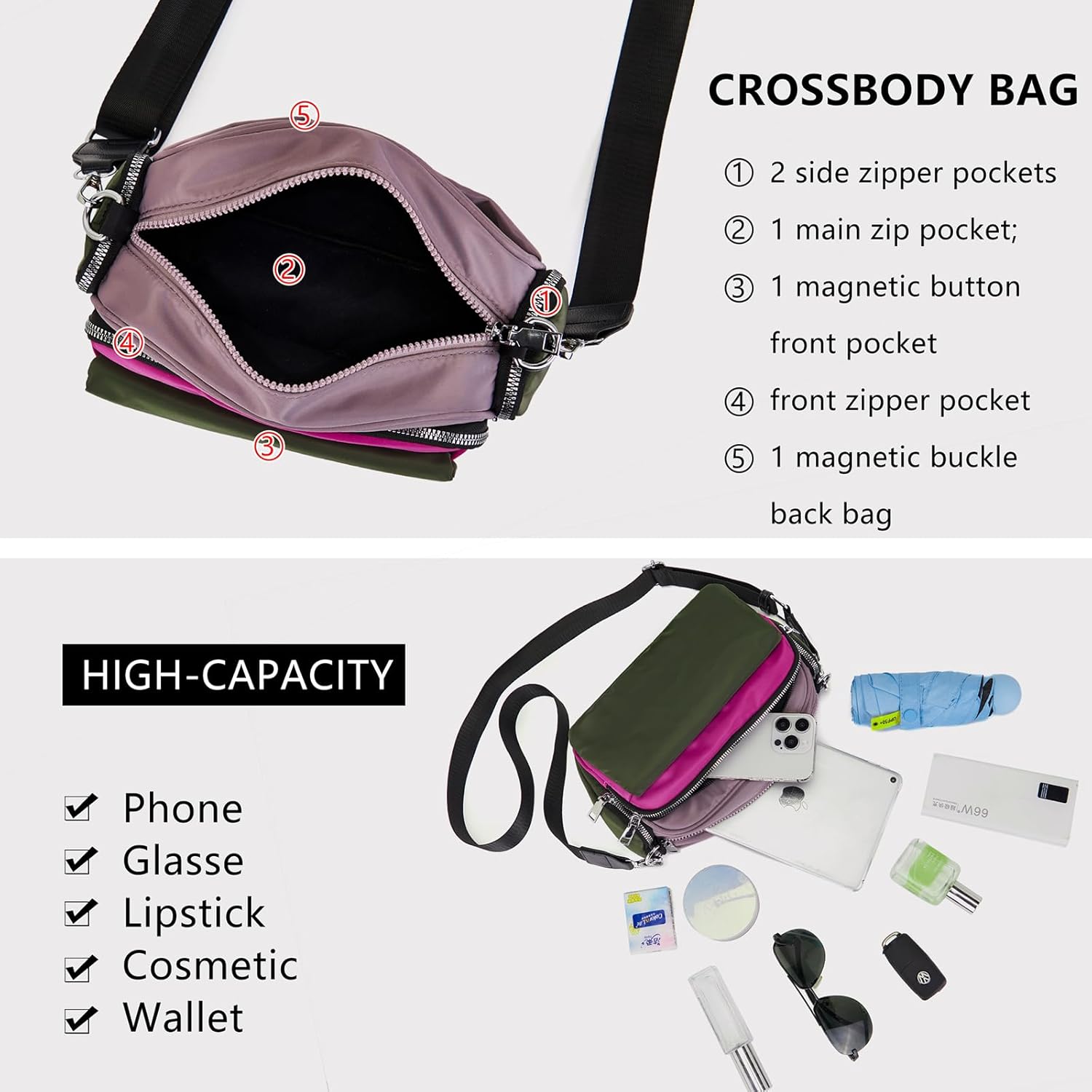 Glamzlele Cross body Purse Nylon Quilted Crossbody Bags for Women, Small Shoulder Handbag multi pocket purses with 4 Zippers, Travel - Image 7