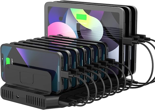 Unitek 60W USB Ladestation 10 Ports, Tablet Multi Ladestation mit QC3.0 | Einstellbaren Teiler für Mehreren USB Geräten