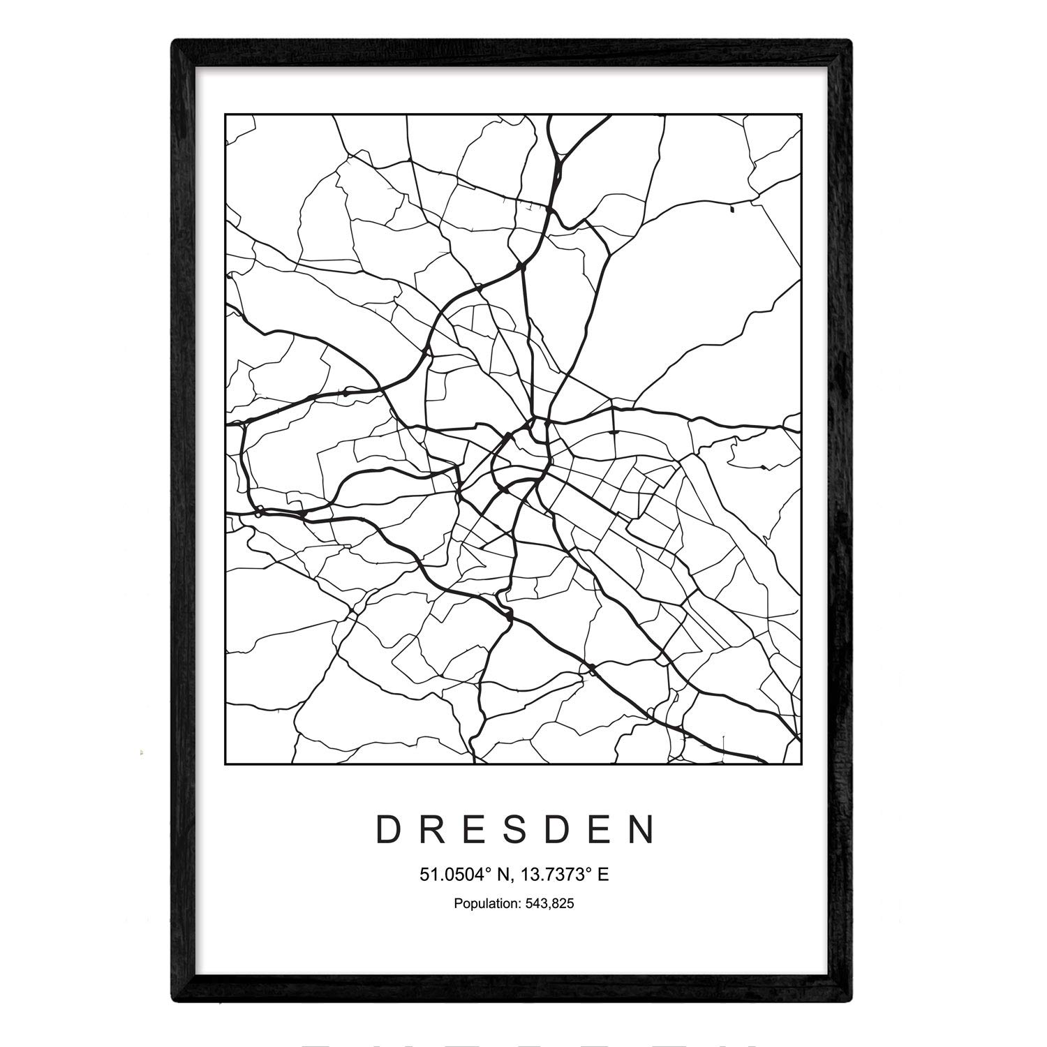 Nacnic Map Art Print Dresden Nordic style in black and white. Poster A3 Size Framed with Black Frame Printed Paper 250 gr. Pictures, sheets and posters for Salon and Bedroom