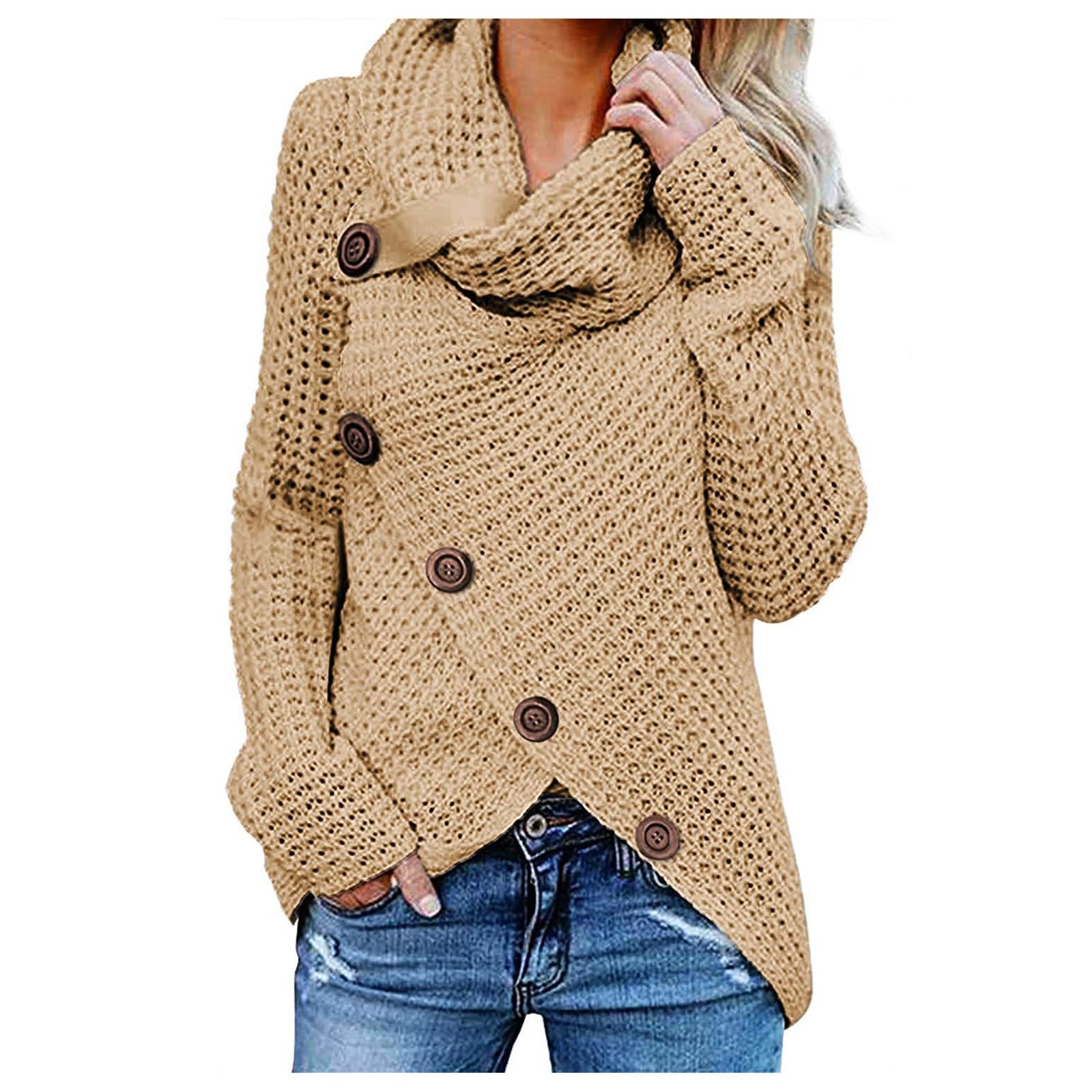 Womens Turtleneck Sweaters Lightweight Long Sleeve Button Tunic Tops Cable Knitted Irregular Hem Coats with Button