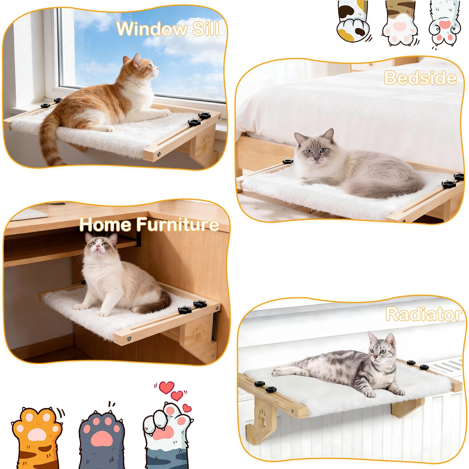 Hamaca Gato Ventana, Calefactor De Madera Cama, Tumbona para AlféIzar De Ventana para Calefactor De Borde De Cama, Accesorio para Hamaca De Interior