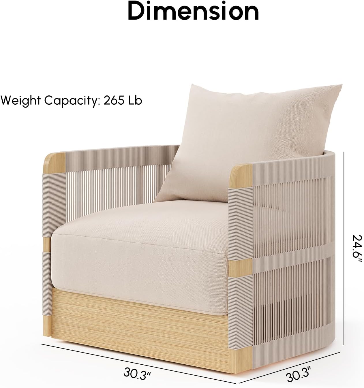 homary Outdoor Hand-Woven Rope 360 Degree Swivel Patio Lounge Chair with Rainproof Cushion and Aluminum Frame for Garden, Balcony, Indoor, Khaki