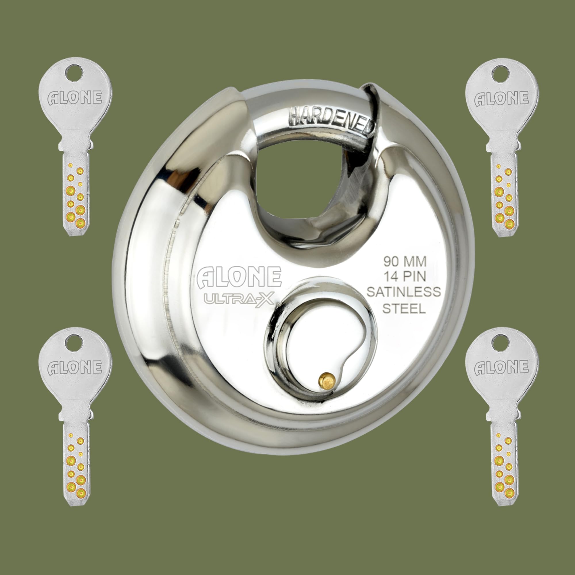 Alone Ultra-X Steel Disc Shutter Lock 90mm 4 Keys Round Padlock | Lock and Keys for Home Door Main Gate Grill Shop Factory Truck | Stainless Steel Body | Made in India. (Pack of 1) (B0D381HXT6) Amazon Price History, Amazon Price Tracker