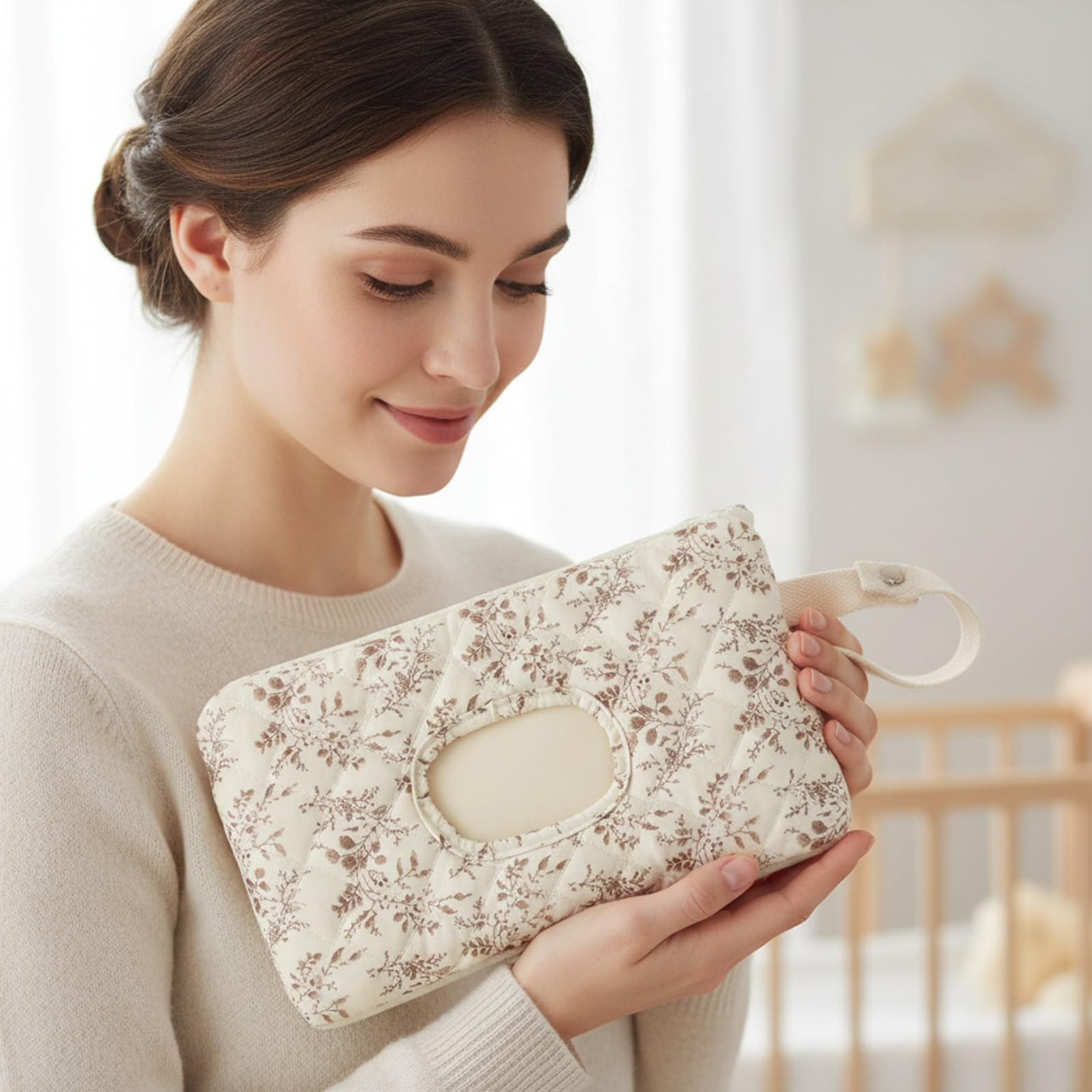 Quilted Baby Wipe Holder, Canvas Floral Quilted Pouch with Hanging Strap, Portable Diaper Wipe Holder for Travel Stroller-Beige - 4