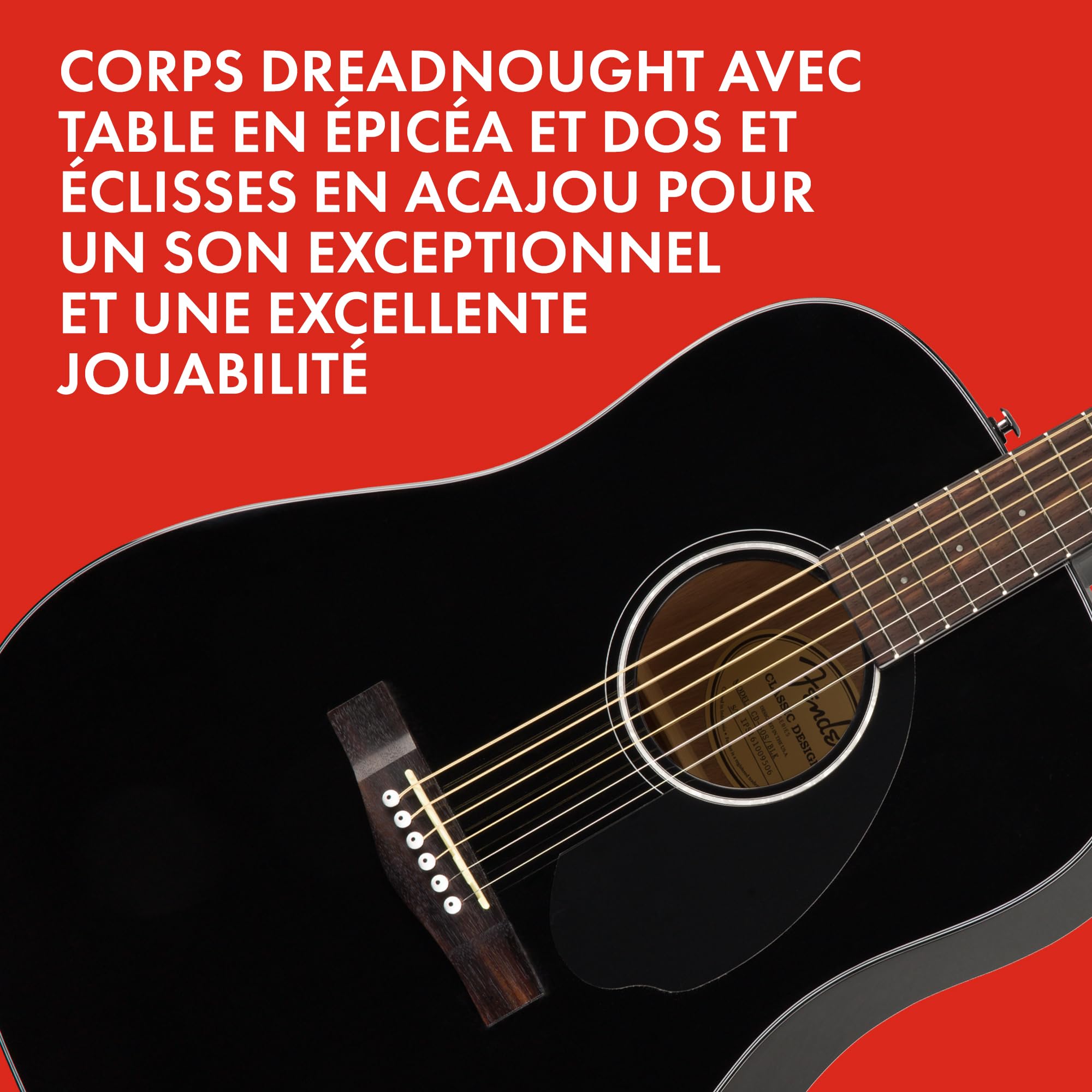 Fender CD-60S Dreadnought Guitare Acoustique, Touche en Noyer, Noir, Inclus des Cours Virtuels Gratuits sur Fender Play
