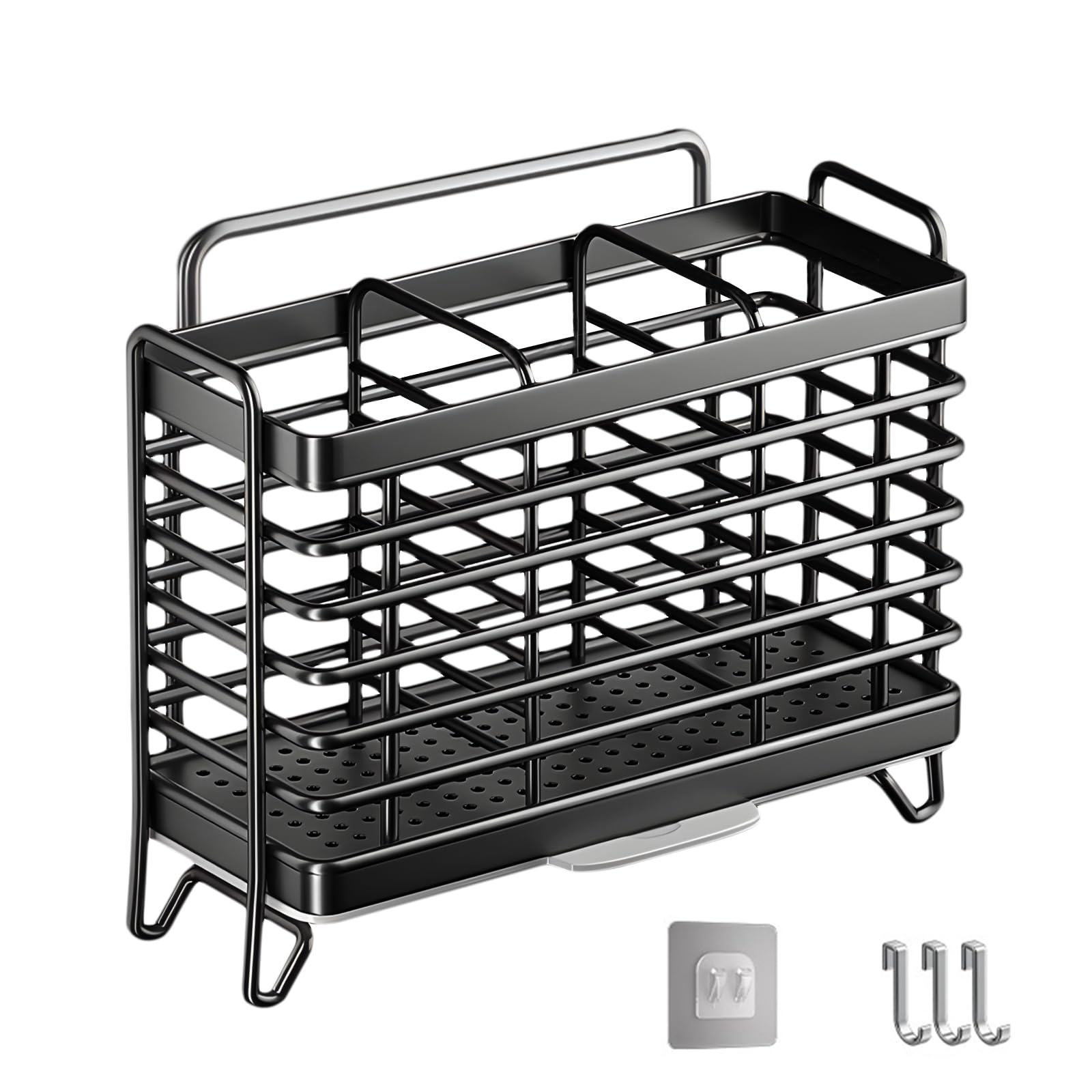 Jadin Porta Mestoli da Cucina, Poggia Mestolo Cucina, Porta Utensili da Cucina, Cestello Posate in Acciaio Inox con Scolapiatti, 3 Scomparti, Senza Fori, Fissaggio a Parete/ Tavolo, Rimovibile, Nero
