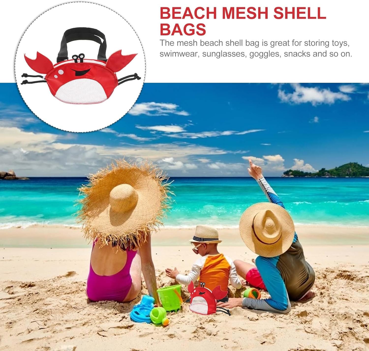 Hemoton Crab Shape Mesh Beach Bag for Kids - Adjustable Shoulder Strap Shell Collecting Tote 11.02X6.29X4.13 Inches Lightweight Cloth Pouch for Outdoor Pool and Beach Toy Storage