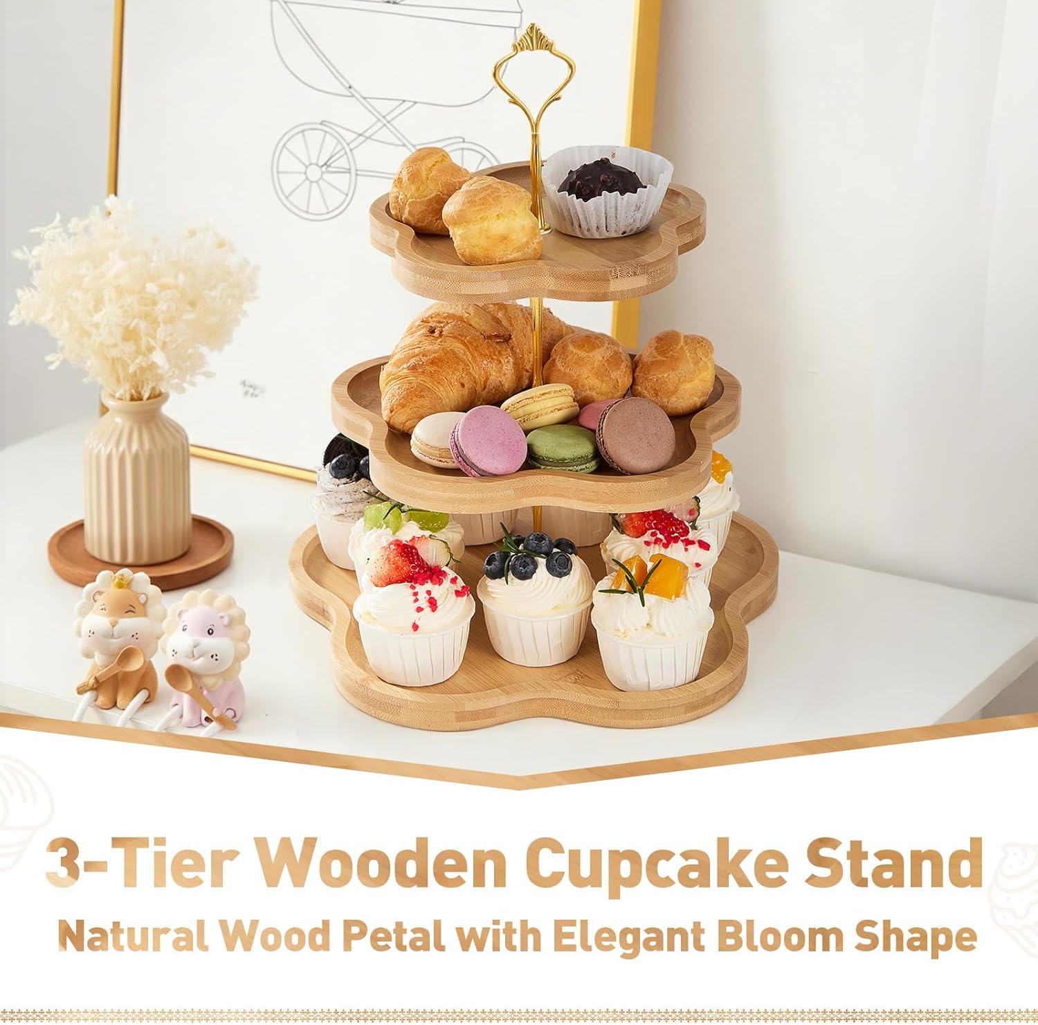 DUJUST Elegant 3-Tier Wooden Cupcake Stand with Flower-Shaped Design, Rustic Bamboo Tiered Serving Tray for Cupcake, Desserts, Tea Party, Wedding, Farmhouse & Kitchen Decor, Easy to Install & Clean