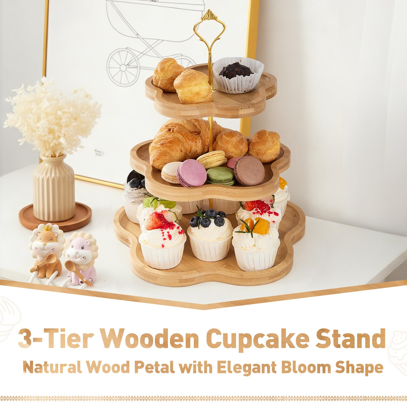 DUJUST Supporto Elegante in Legno a 3 Livelli per Cupcake con Design a Forma di Fiore, Vassoio in Bambù per Cupcake, Dessert,Matrimoni e Decorazioni in Stile Rustico e Casa, Facile da Montare e Pulire